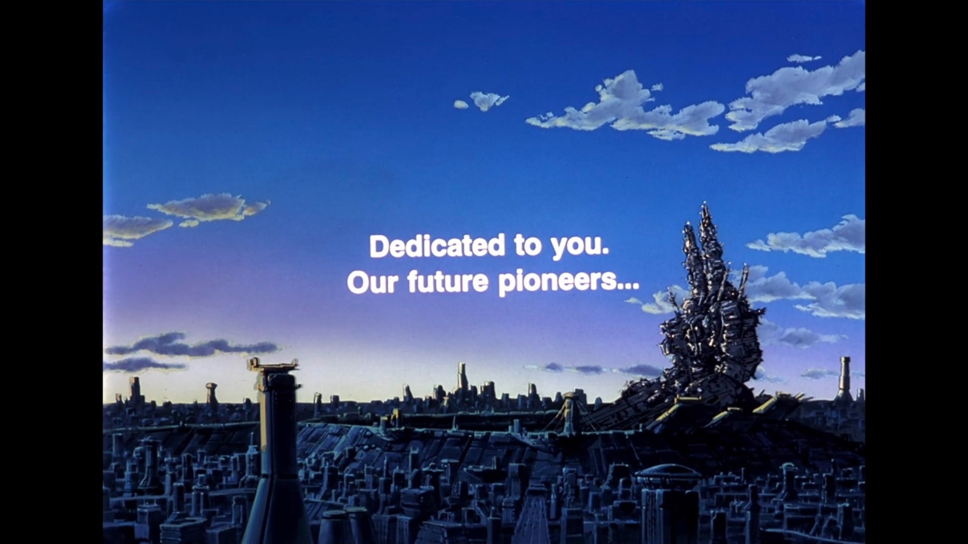 Macross Plus final frame of a giant mech in a city skyline.
