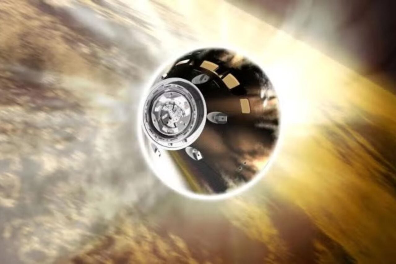 An artistic rendering of NASA's Orion spacecraft returning to Earth