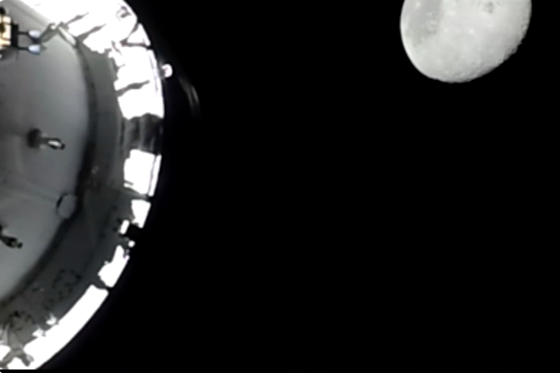 The view of the Moon from the Orion spacecraft when the Artemis 2 mission broke the Apollo 13 distance record for the farthest crewed distance from Earth on April 6, 2026
