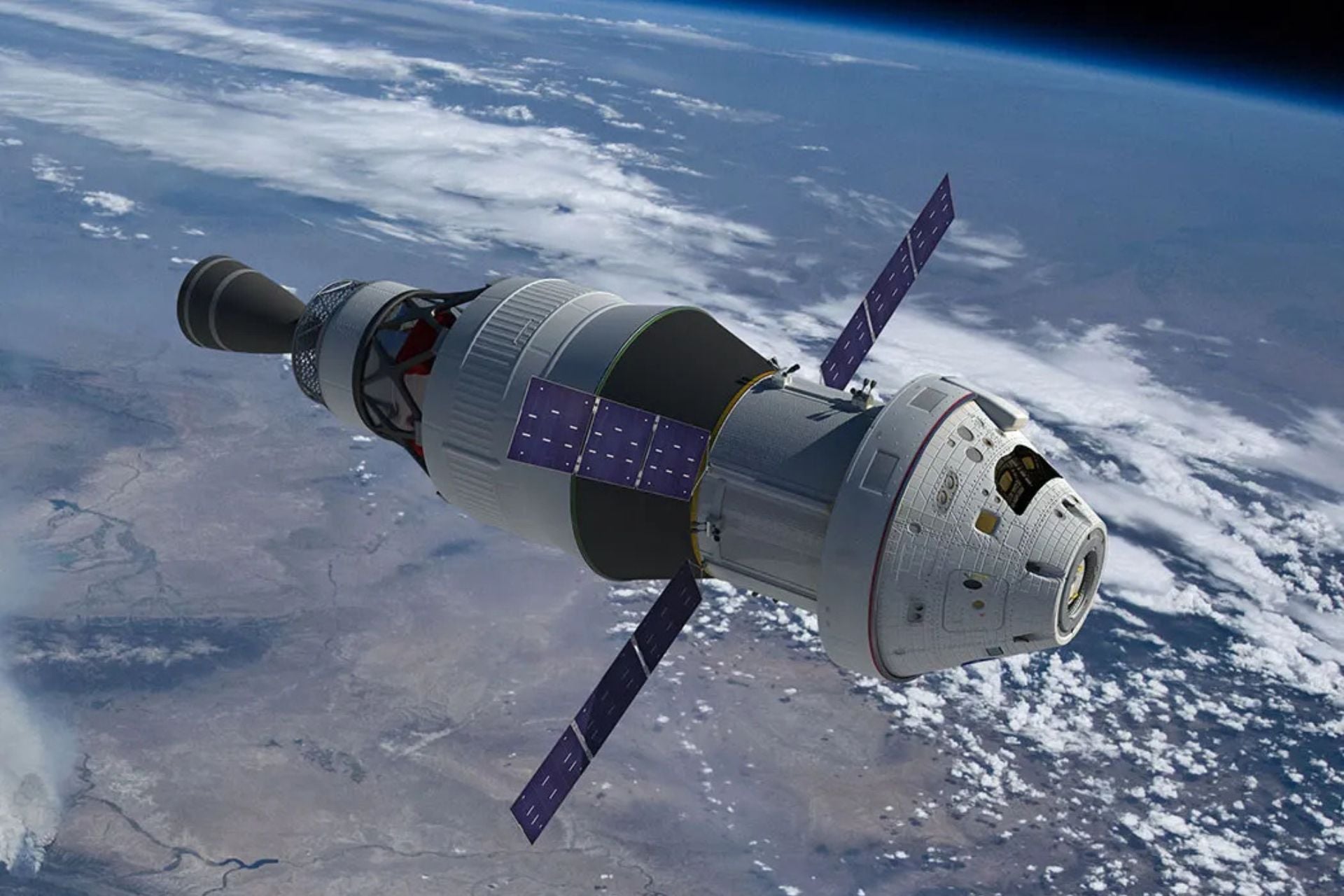 An artistic render of the Space Launch System (SLS) rocket's interim cryogenic propulsion stage (ICPS) and Orion spacecraft in low-Earth orbit