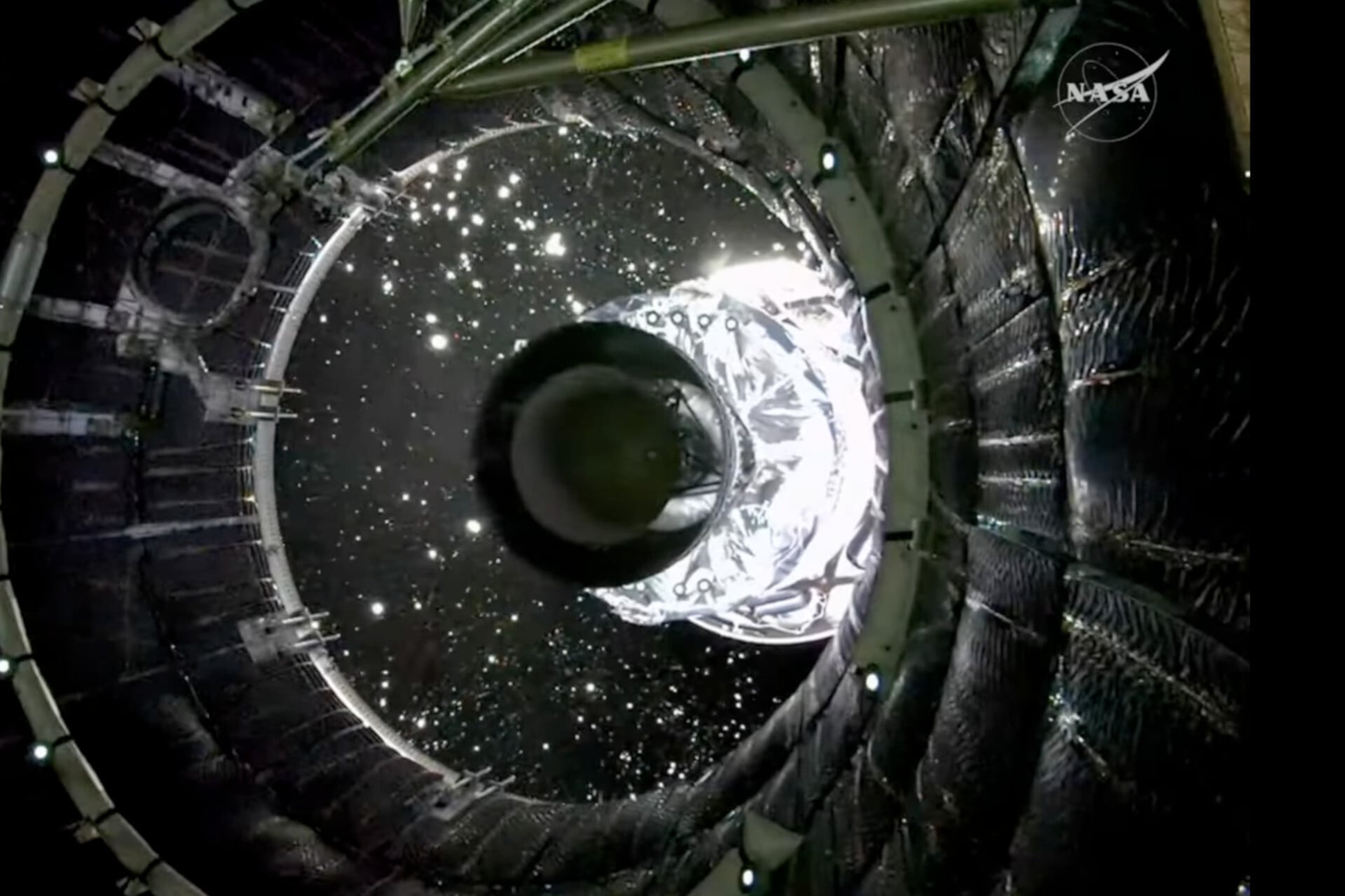 The Space Launch System (SLS) rocket's core stage separated from the the upper stage and Orion spacecraft about 8 minutes into the Artemis 2 mission 