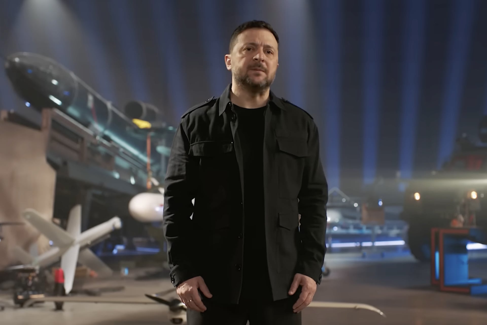 Zelenskyy is seen among Ukrainian weapons as he touts drone advances.