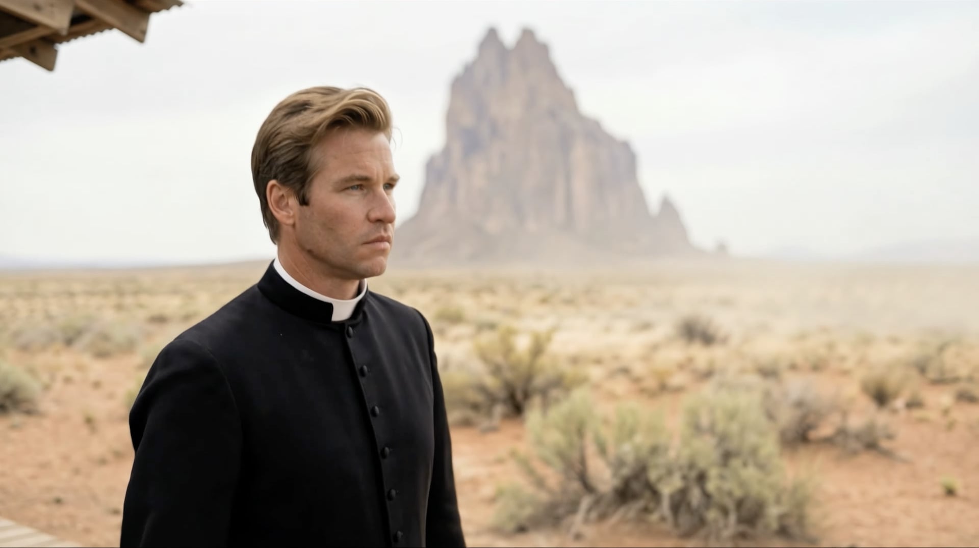 AI Val Kilmer dressed as a priest, walking through a desert