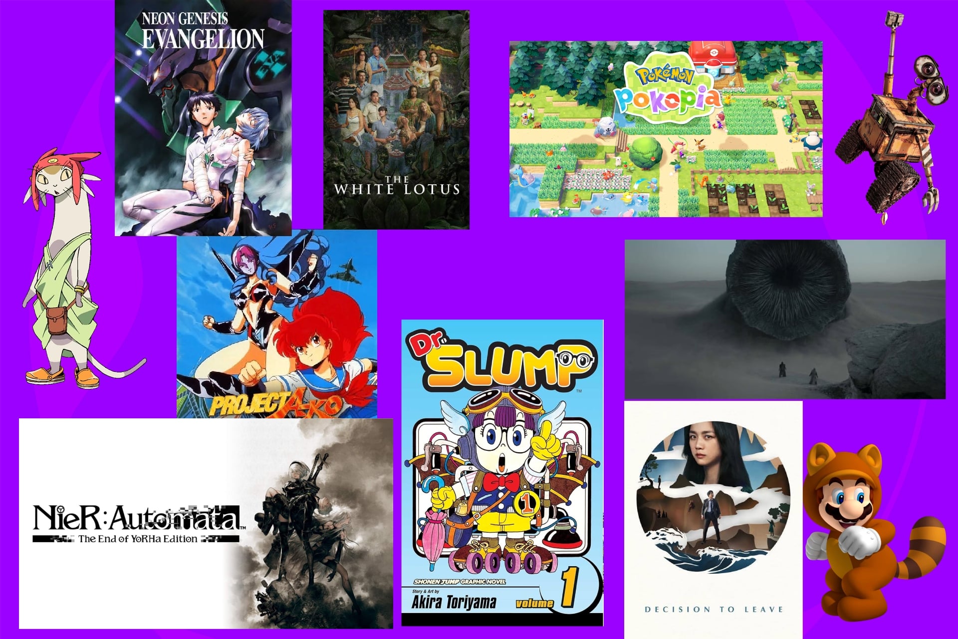 Apocalypse Hotel mood board Apocalypse Hotel Mood Board featuring Space Dandy, Neon Genesis Evangelion, Nier: Automata, The White Lotus, Dr. Slump, Project A-Ko, Pokemon Pokopia, Wall E, Decision to Leave and Tanooki Mario.