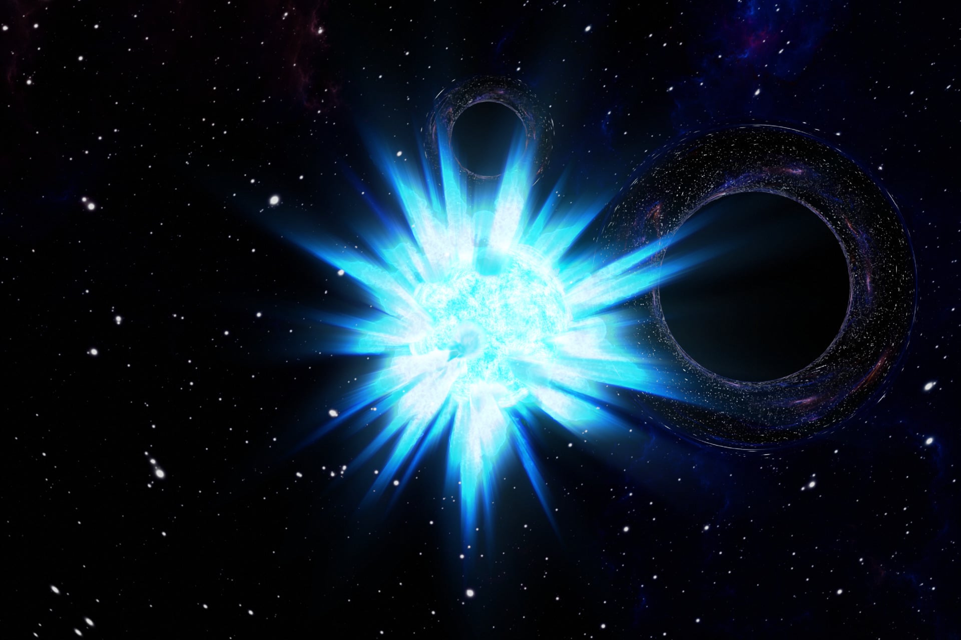 An artists's impression of a stellar explosion with subtle hints of a black hole binary in the background.