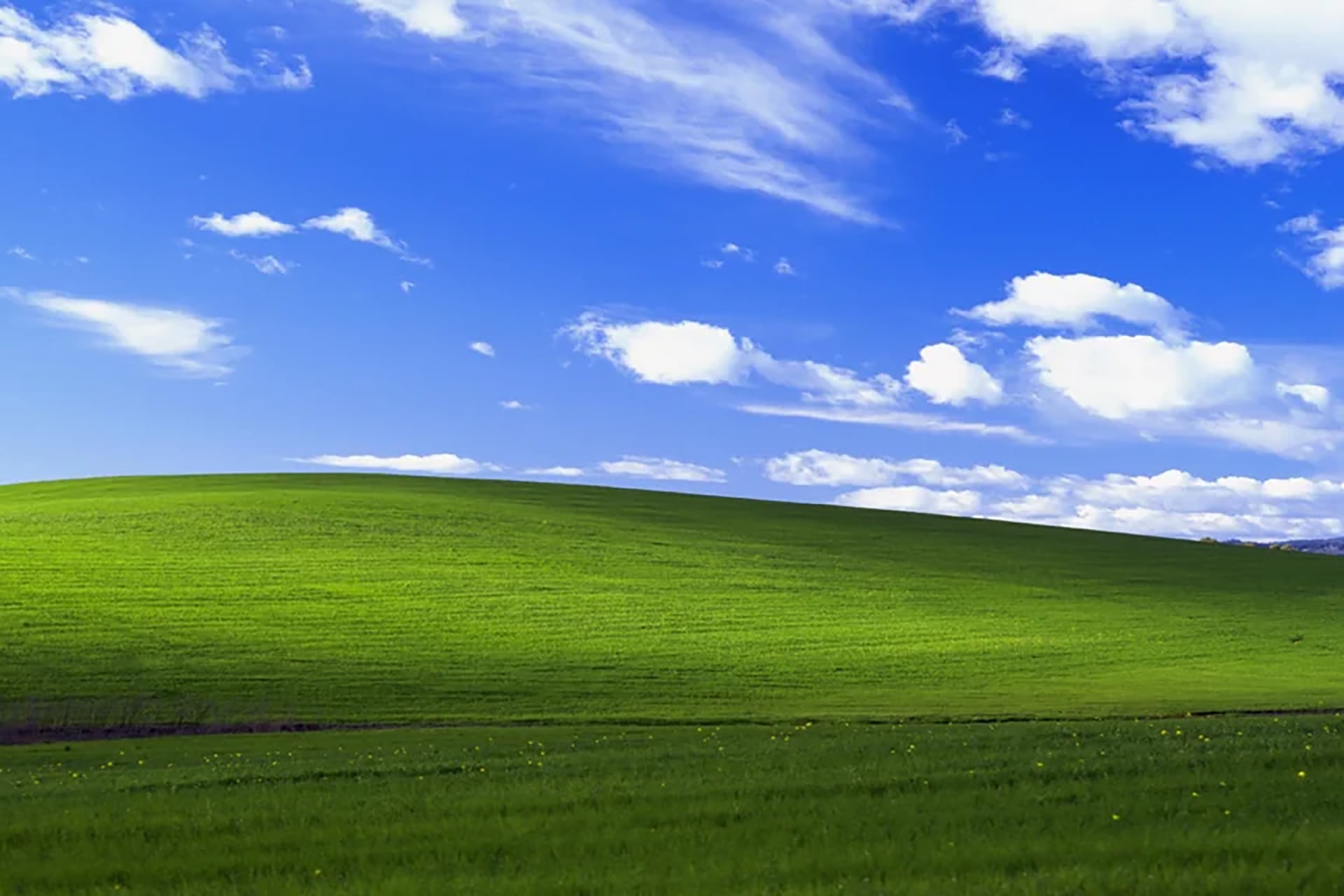 The iconic Windows "Bliss" wallpaper is seen. It features green hills and perfect blue skys little fluffy clouds.