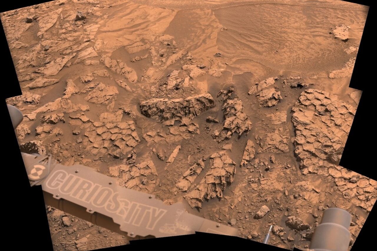 A view of fish-scale like patterns on rocks found on Mars