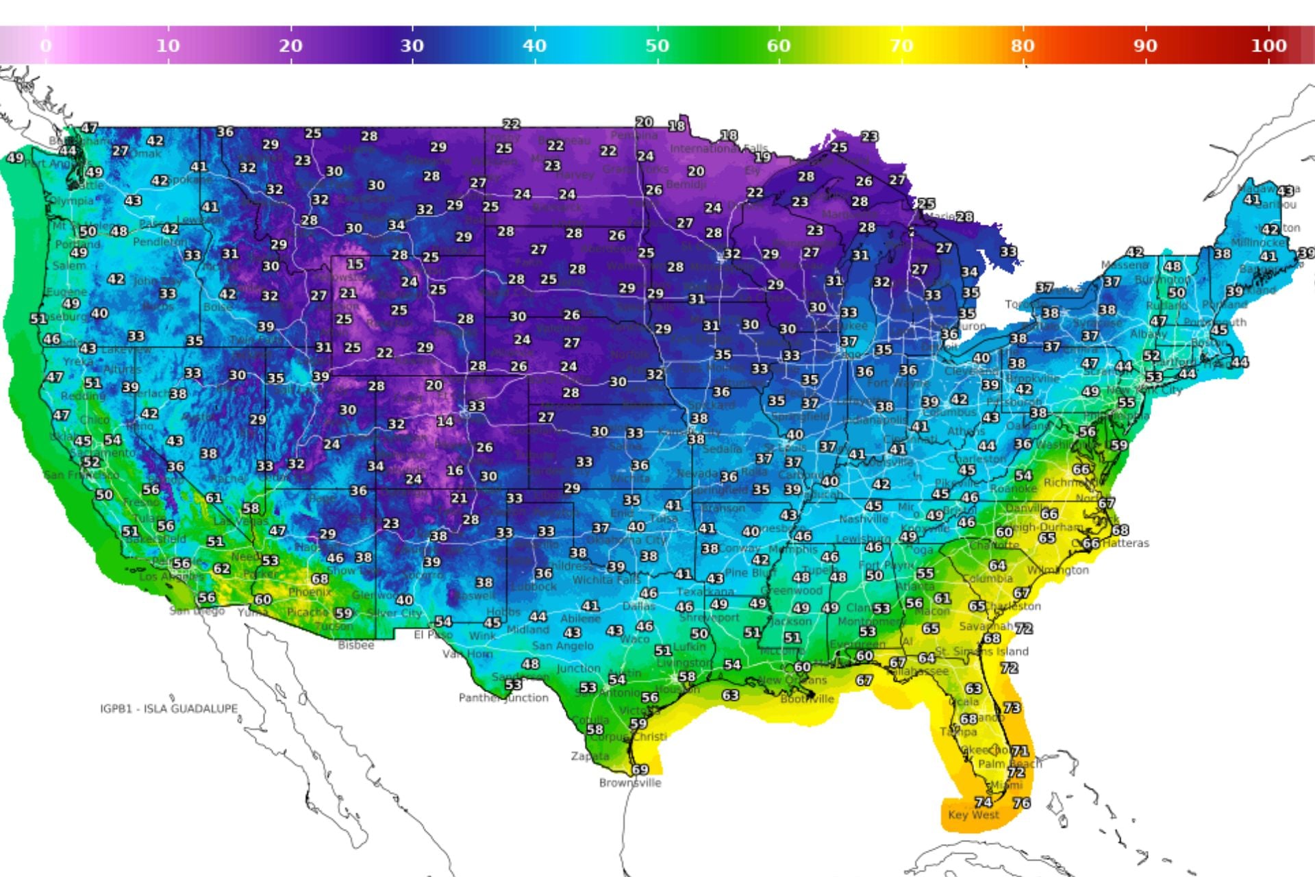 This map shows the daily low temperature forecast for the contiguous U.S. on April 18, 2026