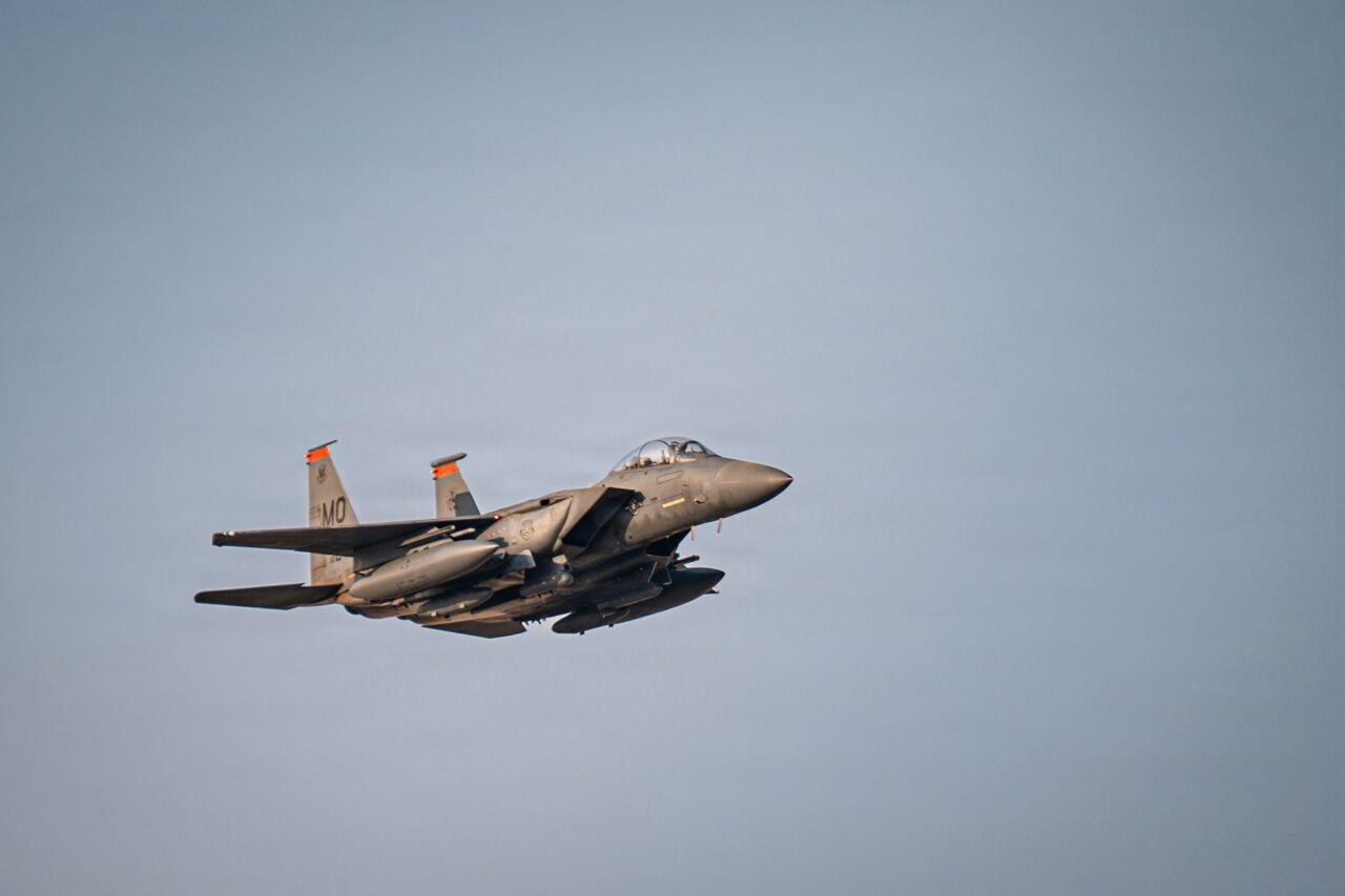 A U.S. Air Force F-15E Strike Eagle aircraft flies in the U.S. Central Command area of responsibility, Nov. 13, 2025.