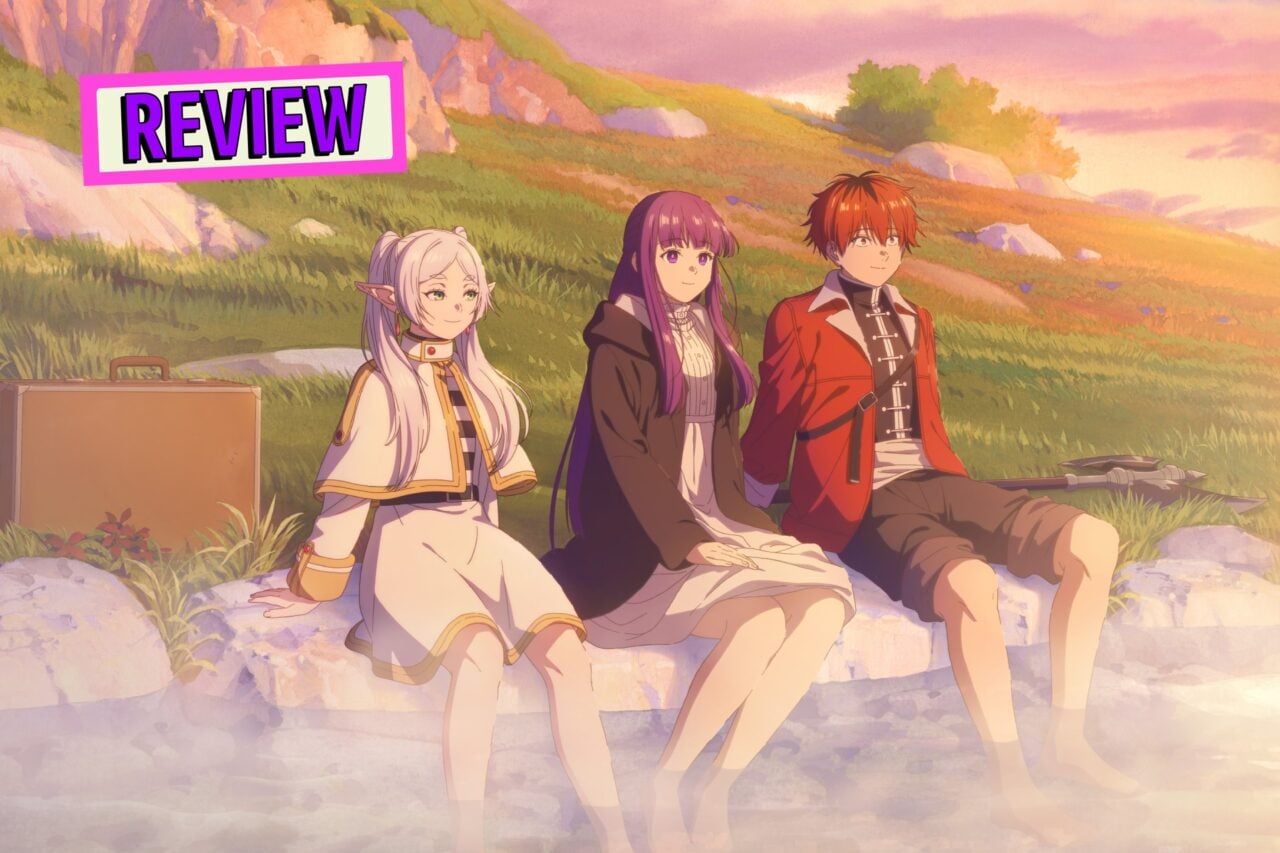 Frieren Beyond Journey's End key visual of Frieren, Stark, and Fern soaking in a stream.