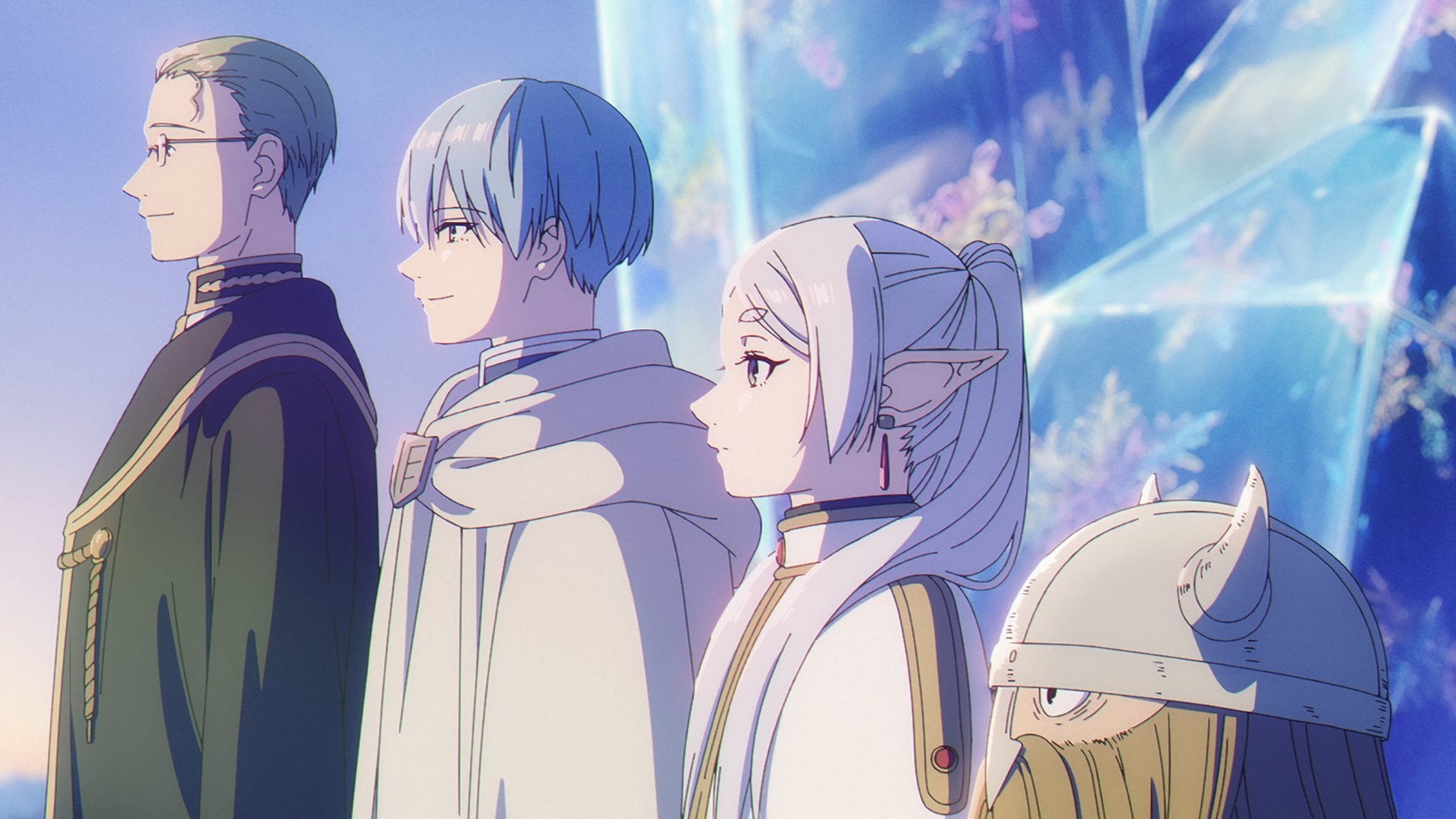 Frieren Beyond Journey's End still of Frieren posing with the heroes party.