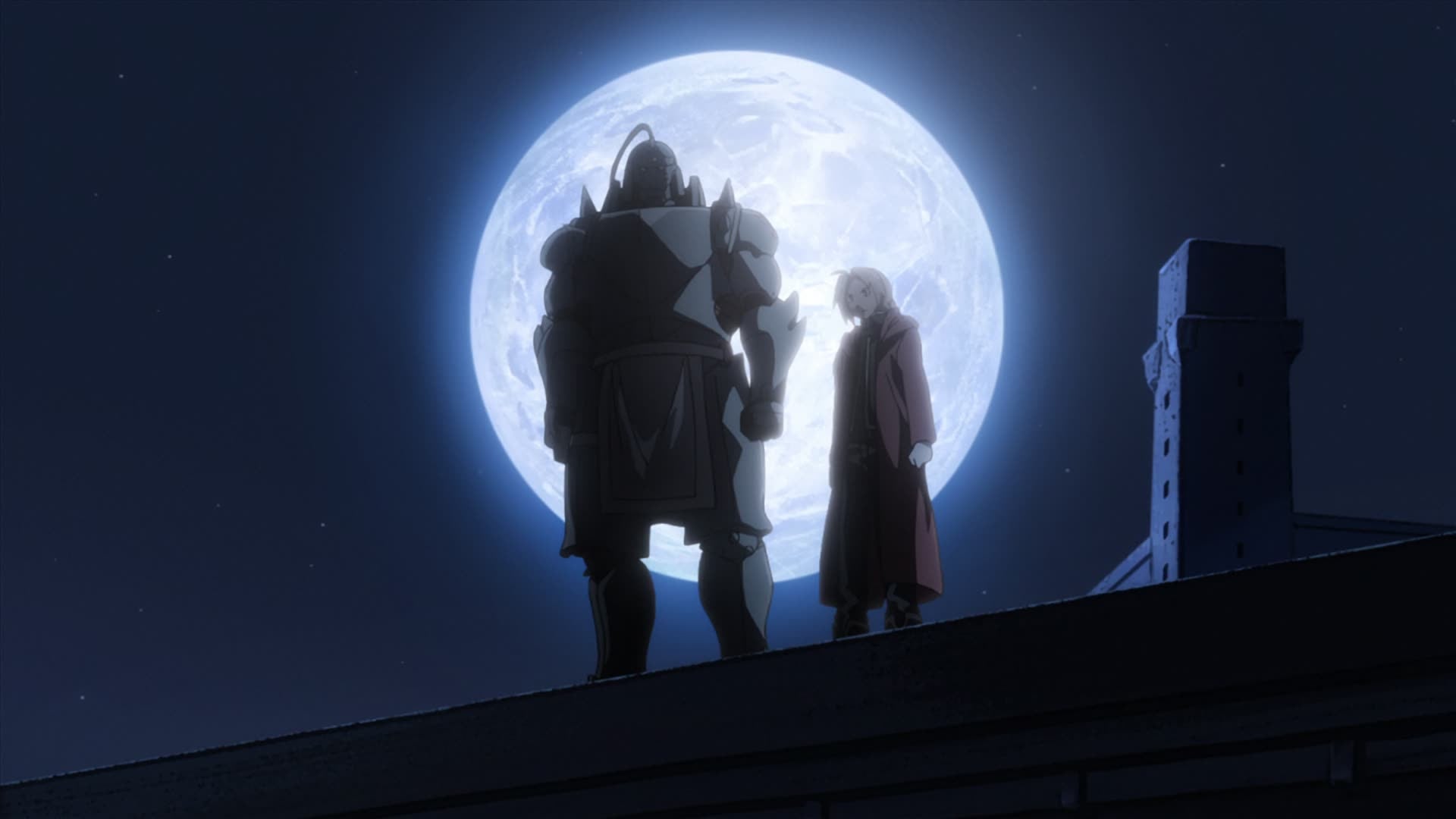  Brotherhood still of Ed and Alphones standing in front of the moon.