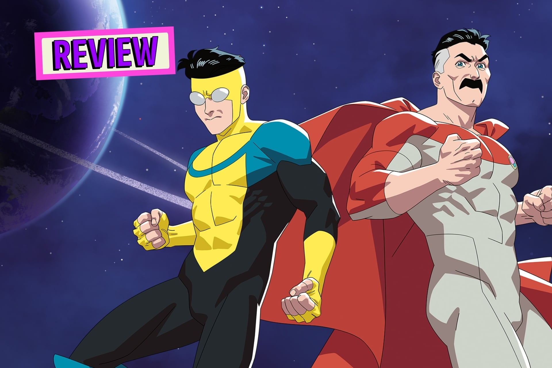 Invincible season 4 key visual of Mark and Nolan Grayson floating in space.