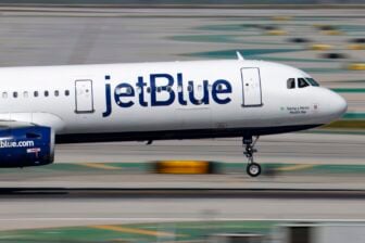 A JetBlue Airbus A321 lands at Los Angeles International Airport on March 7, 2026 in Los Angeles, California.
