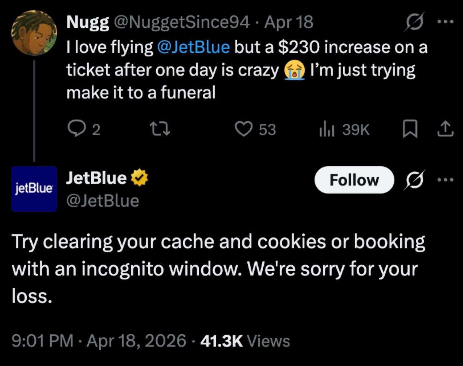 Screenshot of a viral tweet sent by JetBlue on April 18, 2026.
