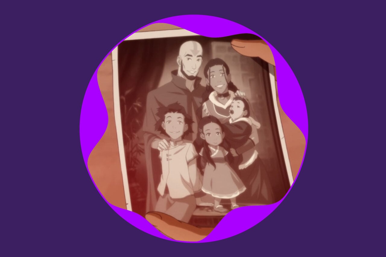Legend Of Korra still of a photo of Aang and Katara with their children.