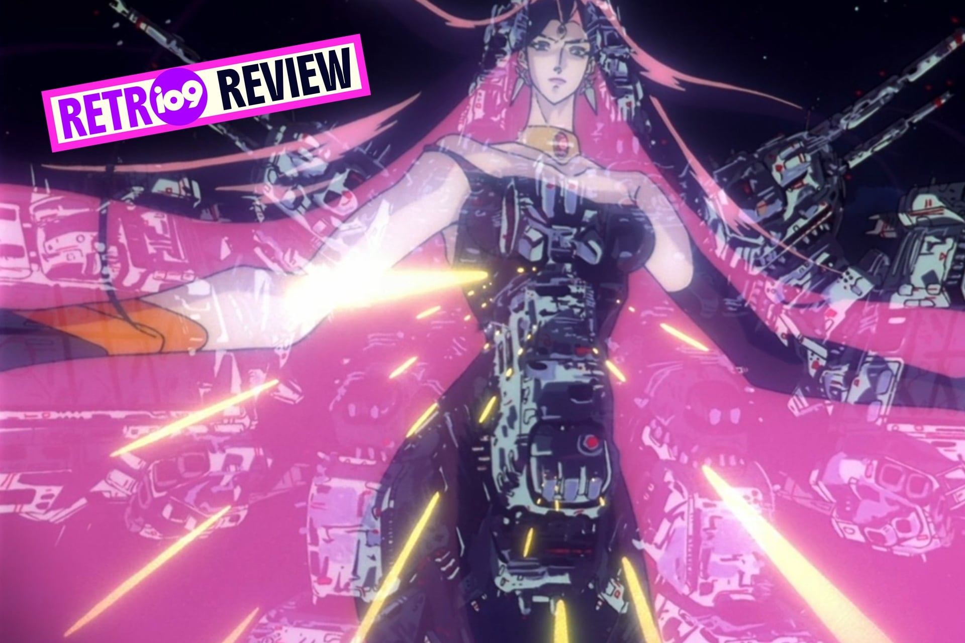 Macross Plus still of a projection of Fiona Apple superimposed over a giant mech.