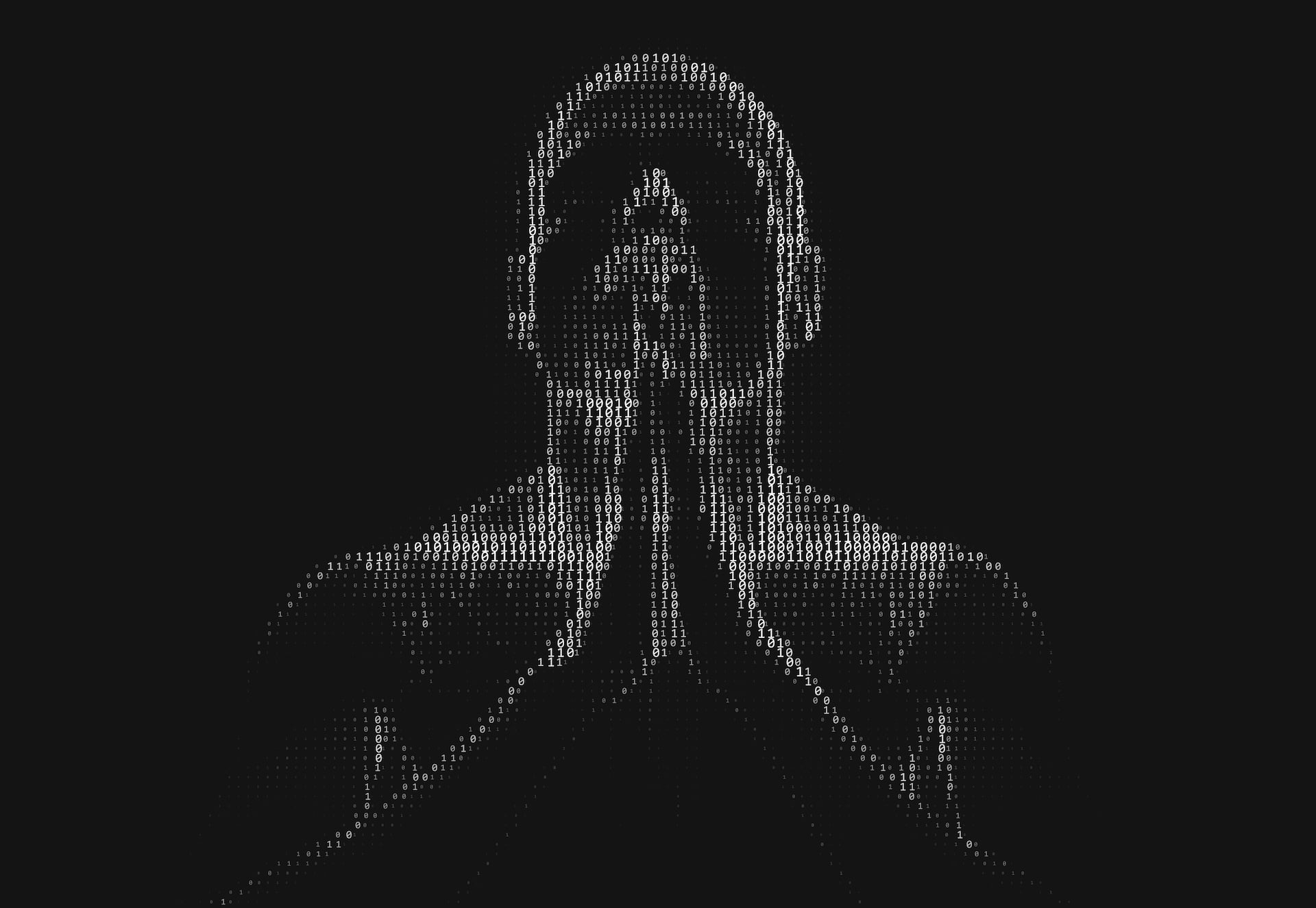Computer code artistically shaped into a rendering of a person in prayer
