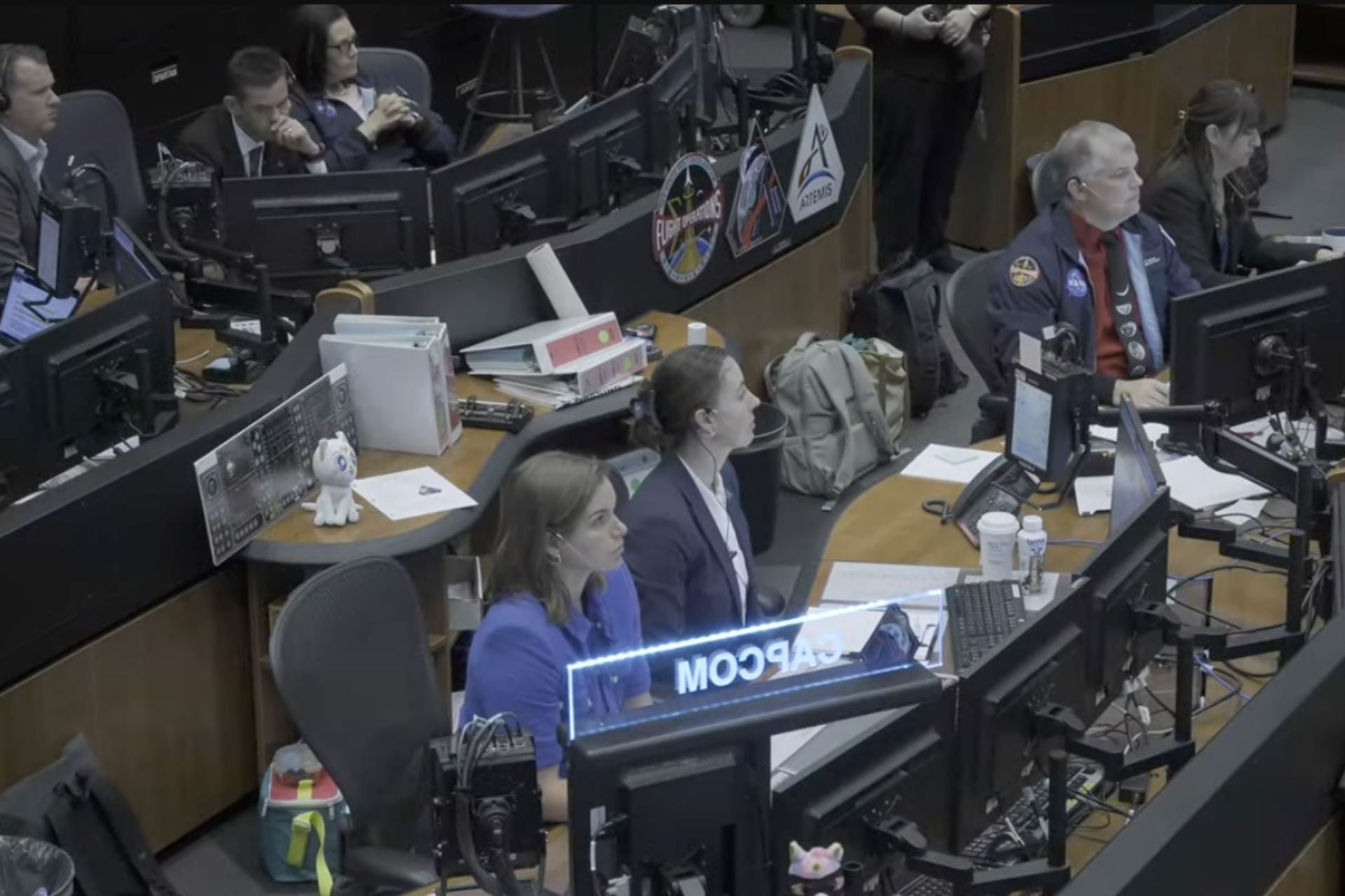 The mission control room at NASA's Johnson Space Center in Houston, Texas during the Artemis 2 translunar injection burn, which sent astronauts beyond low-Earth orbit for the first time in 54 years