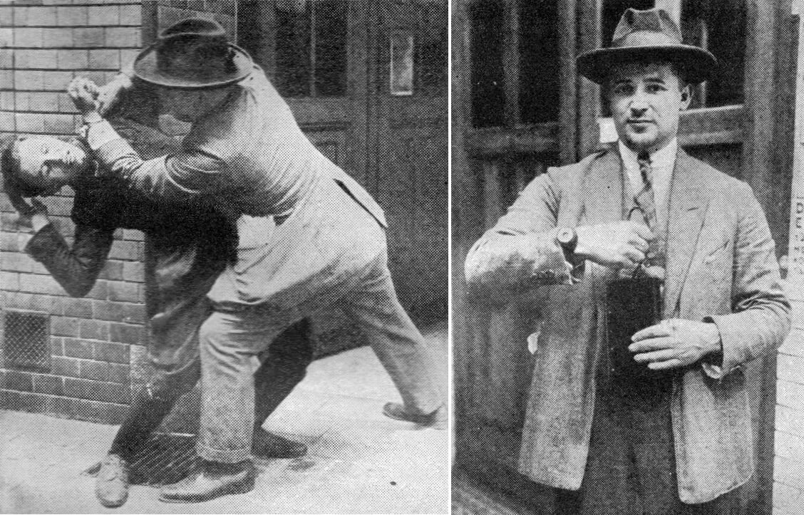 Photos showing inventor Emil Pruss demonstrating his "protector" or "electric wristlet" shockwatch in the March 1927 issue of Science and Invention magazine.