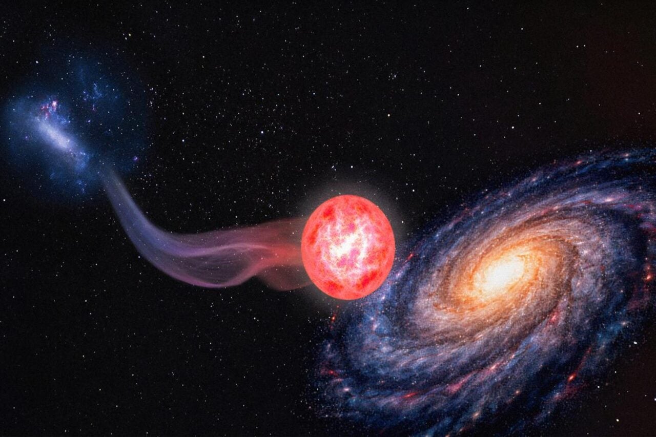 An illustration of a red giant star near the Milky Way.