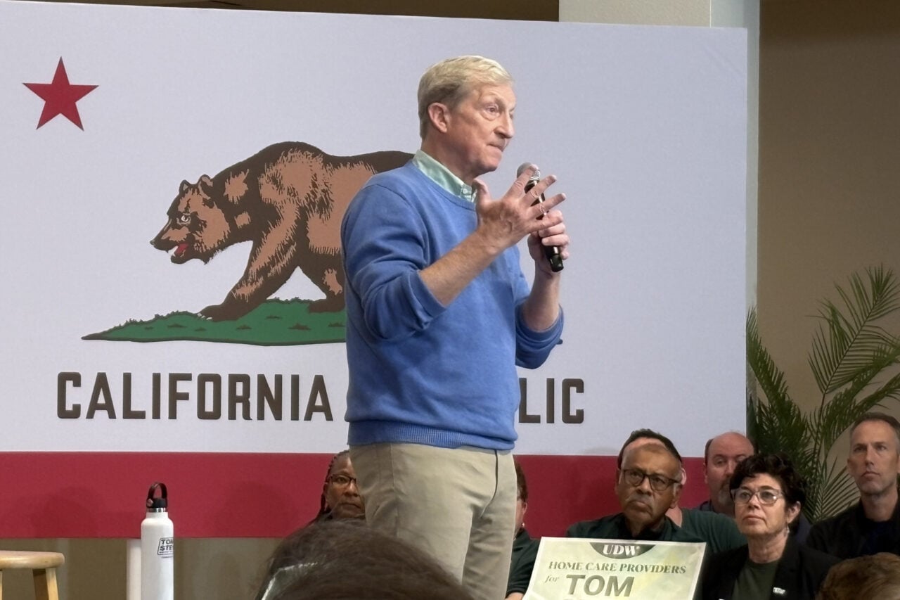 California gubernatorial candidate Tom Steyer speaking at a town hall in San Diego, California, on March 31, 2026.