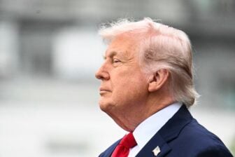 President Donald Trump look on during an arrival ceremony on the South Lawn of the White House in Washington, DC, on April 28, 2026.