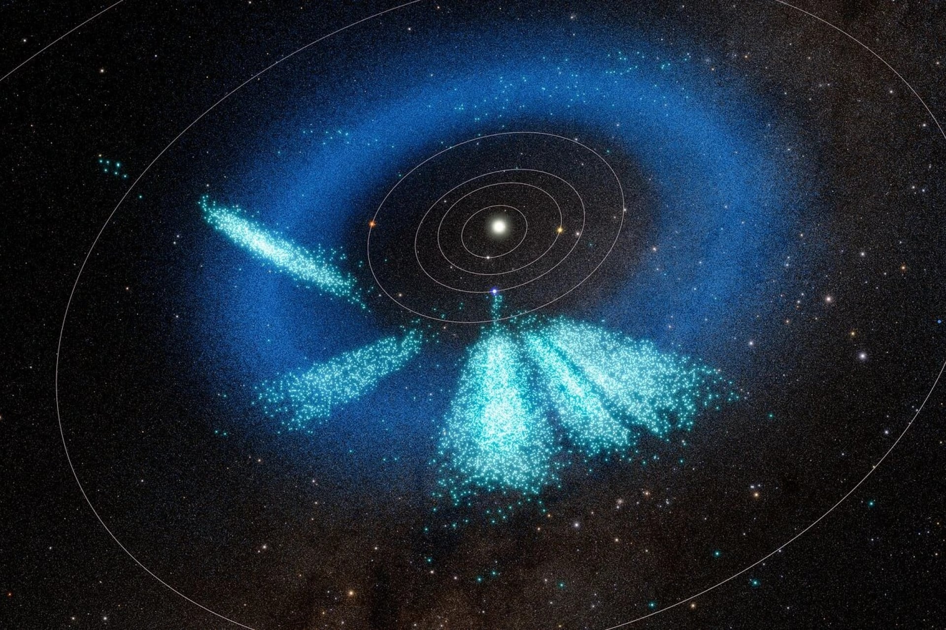 A model of the inner Solar System showing the asteroids discovered by Rubin in light teal. Known asteroids are dark blue.