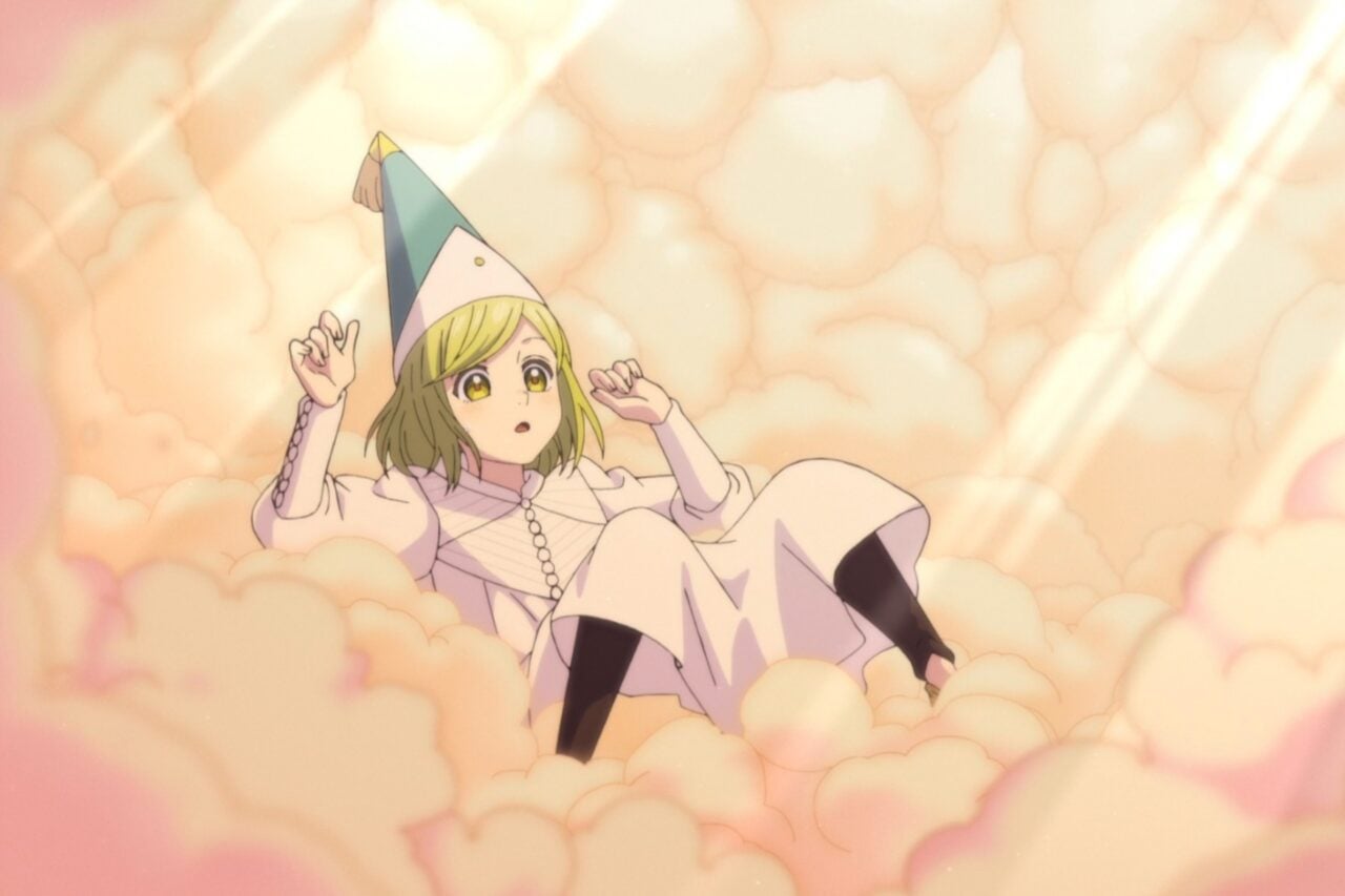 Witch Hat Atelier still of Coco sitting on a bed of clouds.