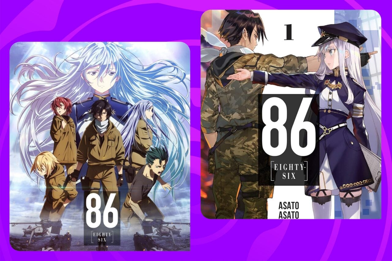 86 Eighty-Six collage of its anime key visual and its volume one light novel cover.