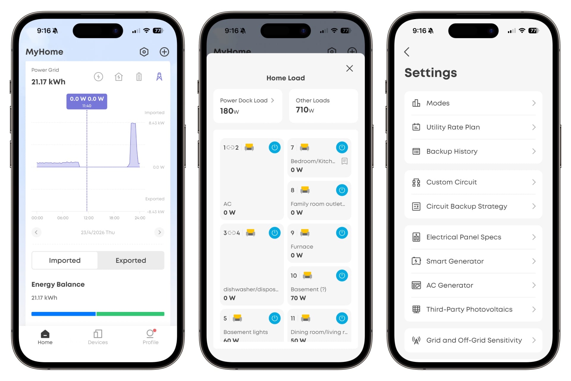 Screenshot of the Anker app showing a grid usage graph with long period of no use as the battery was active, a shot of the app's circuit breaker interface, and the settings menu