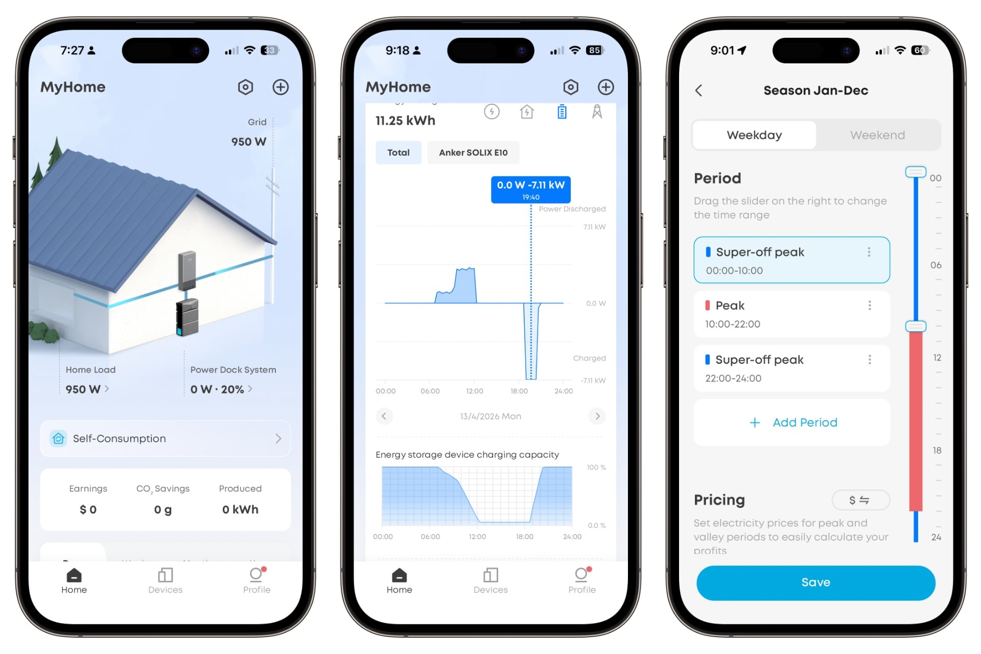 Screenshot of the Anker app showing the homescreen, a battery graph, and power scheduling options.