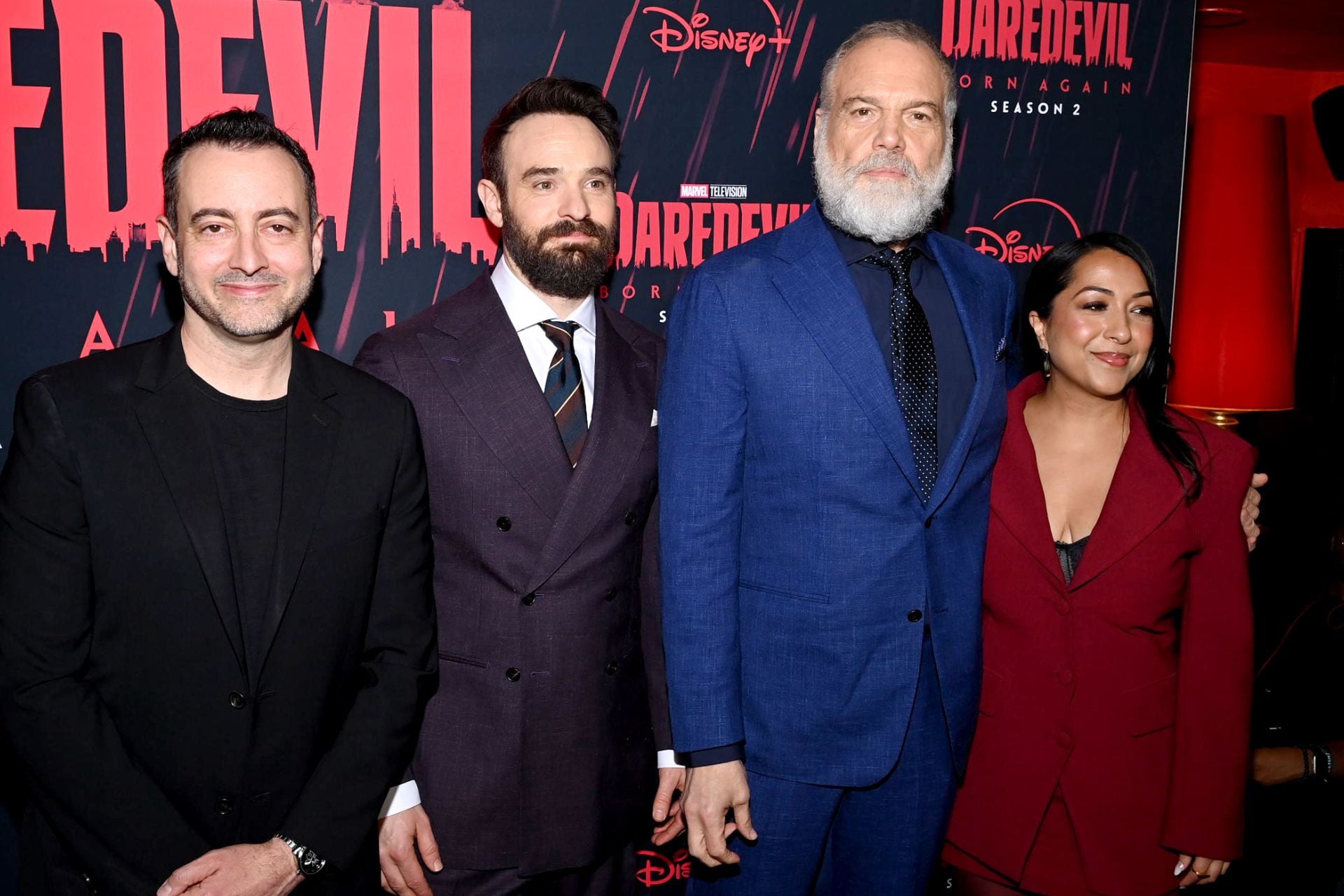 Brad Winderbaum at the 'Daredevil: Born Again' season two premiere with Charlie Cox, Vincent D'Onofrio, and executive Sana Amanat.
