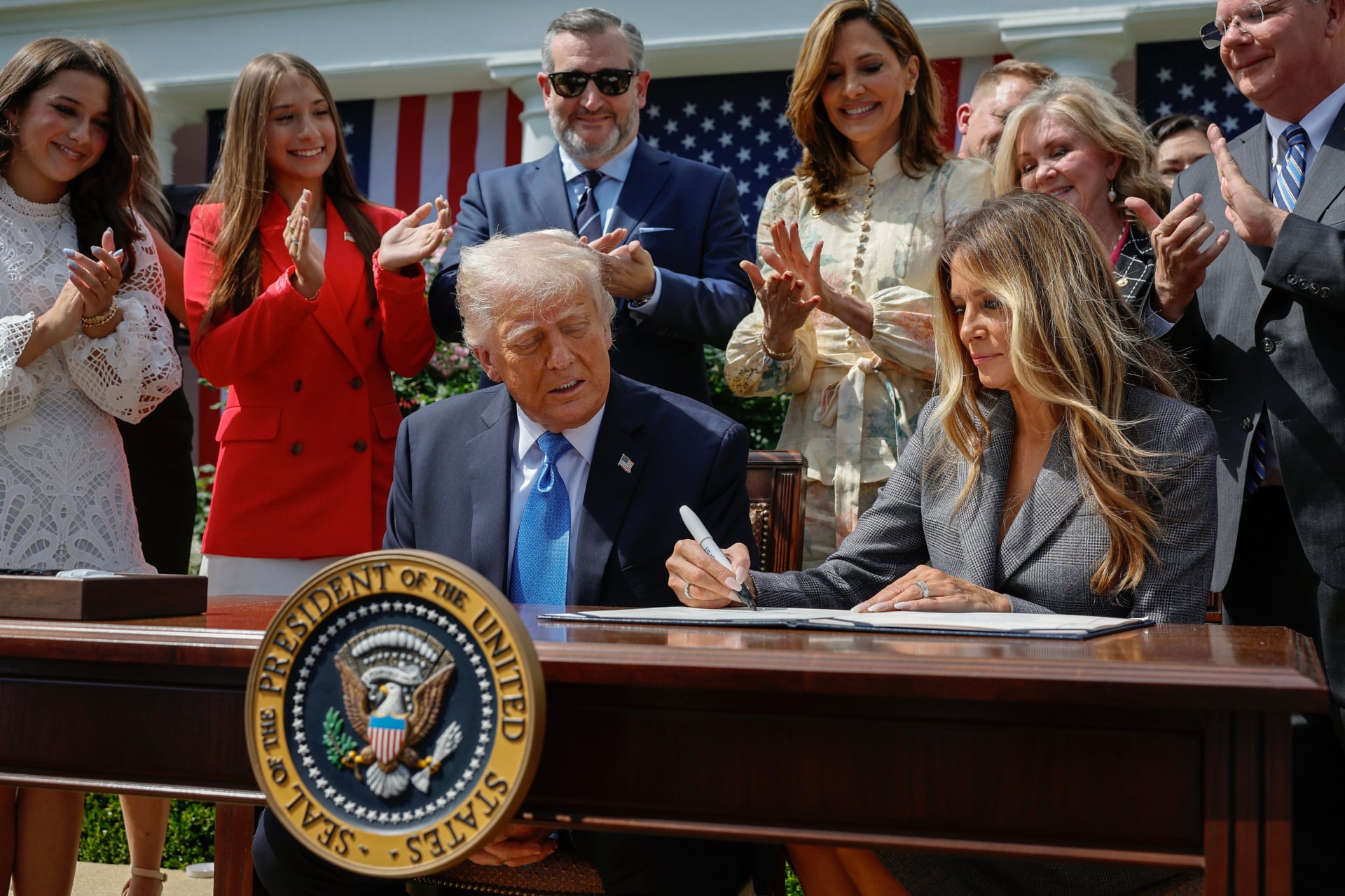 President Trump signs into law the Take It Down Act. He is joined by First Lady Melania Trump and Sen. Ted Cruz
