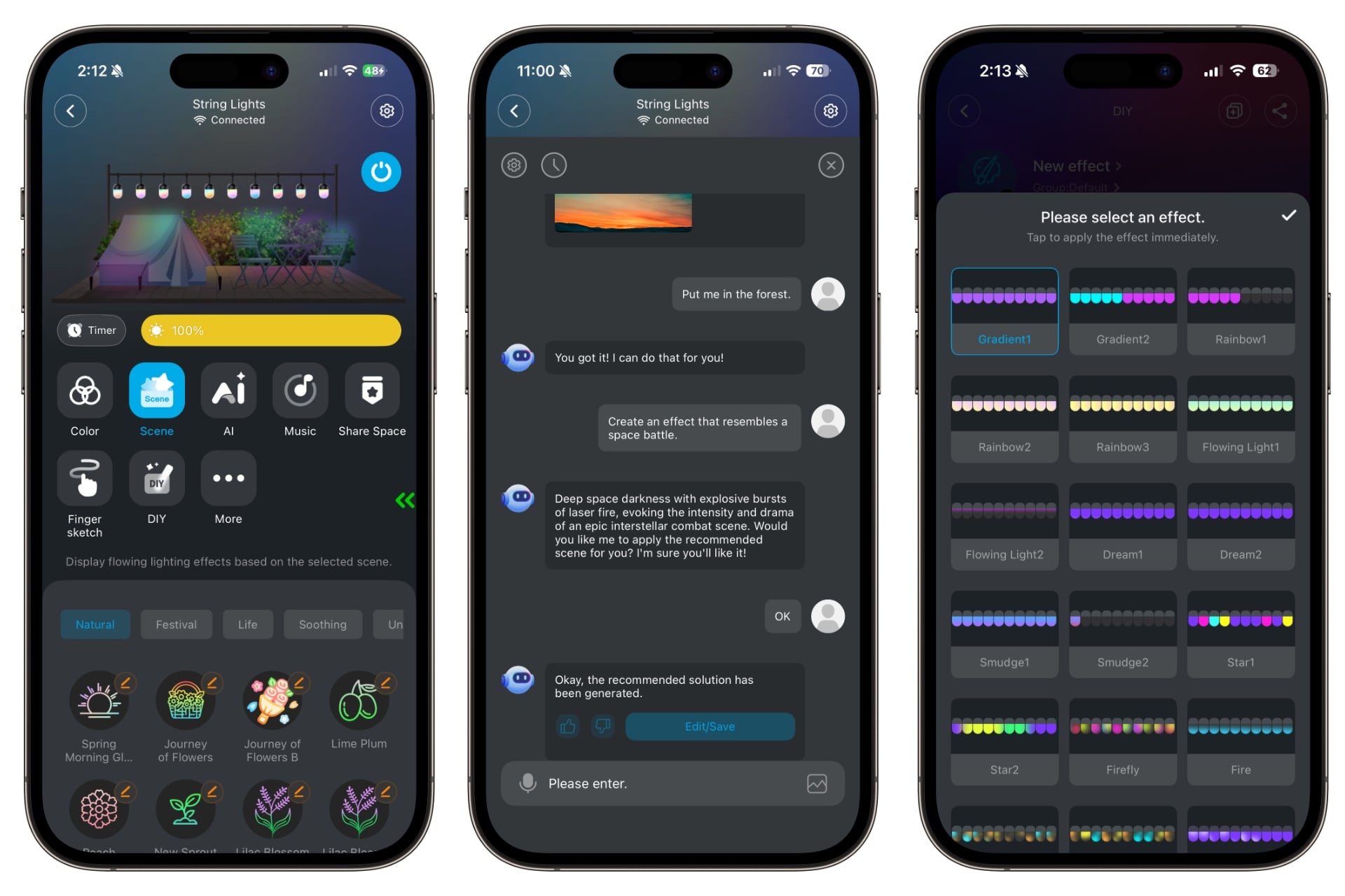 Three screenshots from the Govee app, showing the lights' home screen, its AI chatbot feature, and one of the effects creation pages, in which you can choose the sort of light patterns you'd like.
