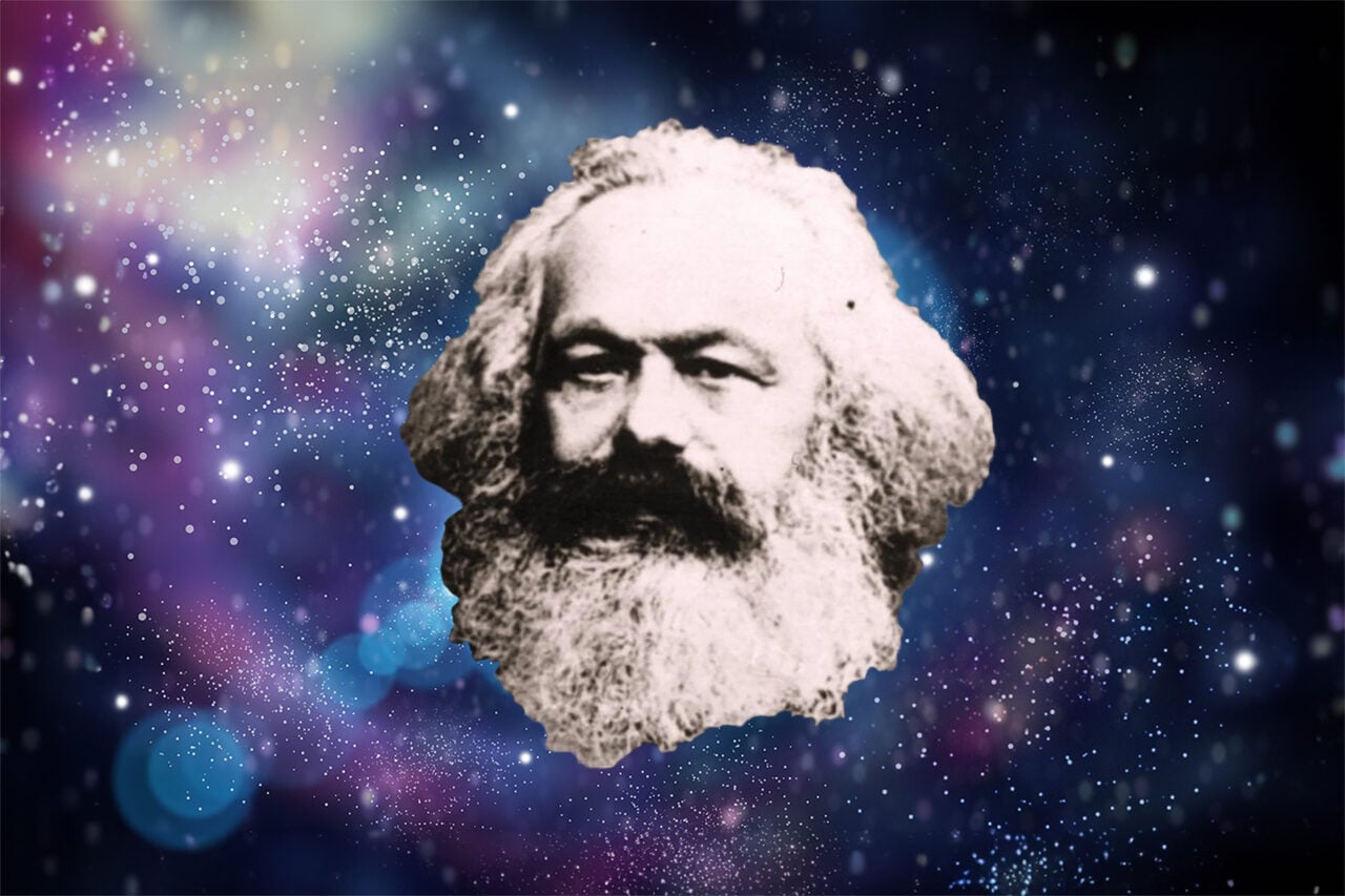 Karl Marx seen against a galaxy background.