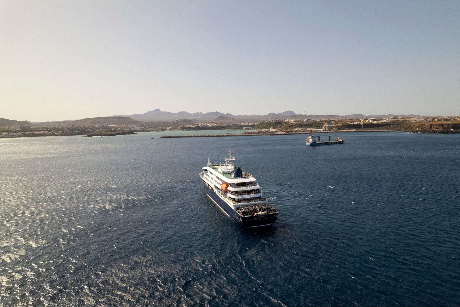 An aerial view of the  MV Hondius stationary off the port of Praia, the capital of Cape Verde, on May 3 2026.