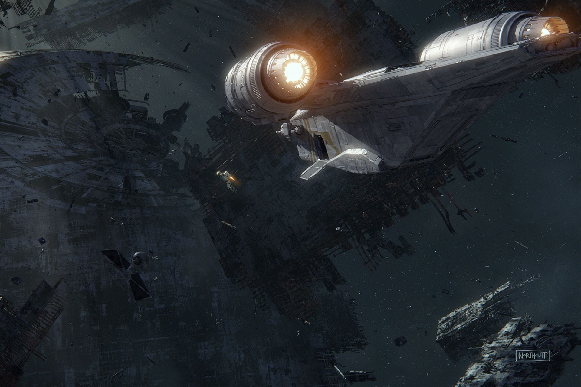 Millennium Falcon Smugglers Run Endor Concept Art 1