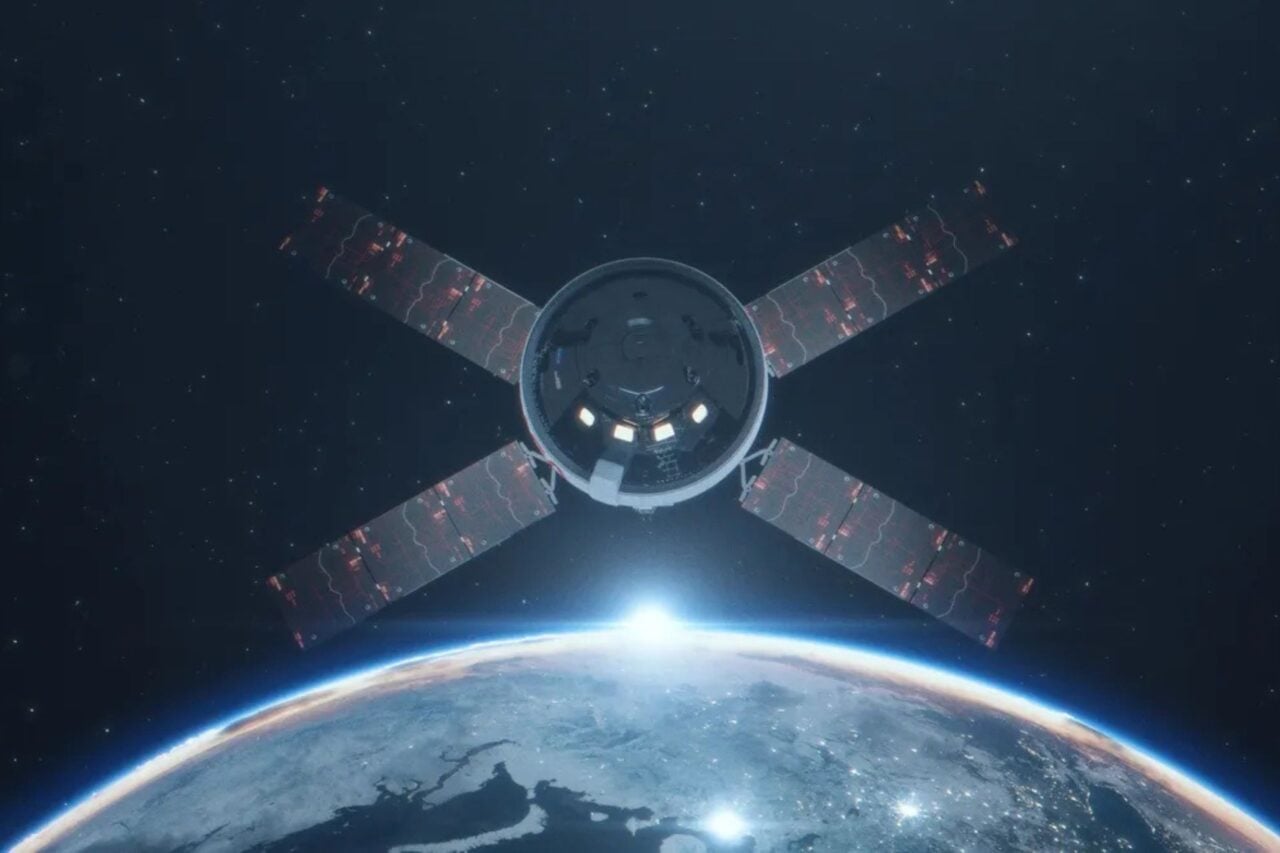 Nasa Artemis 3 spacecraft in orbit with the curve of Earth below