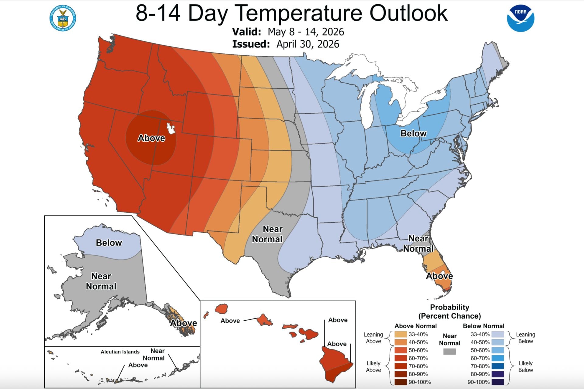 This U.S. map shows the probability of above-average (red), below average (blue), or near normal (gray) temperatures for the first two weeks of May, 2026. 