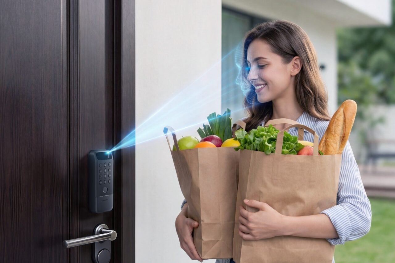 Render showing the SwitchBot Lock Vision Pro's facial recognition at work as a person arrives, arms full of groceries.