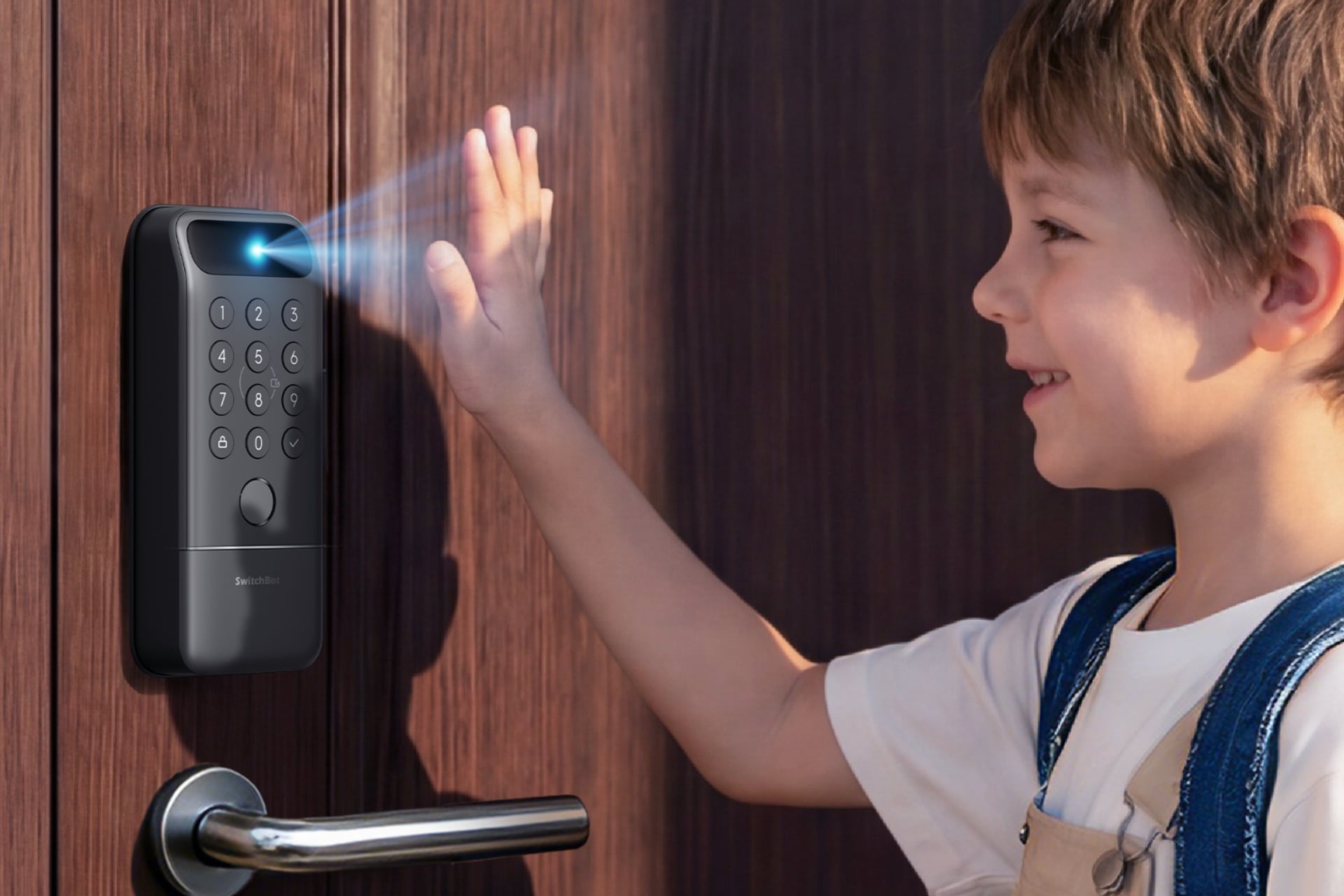 Render showing a child with their hand up in front of the Lock Vision Pro as beams representing its palm vein scanning shine on the child's hand.
