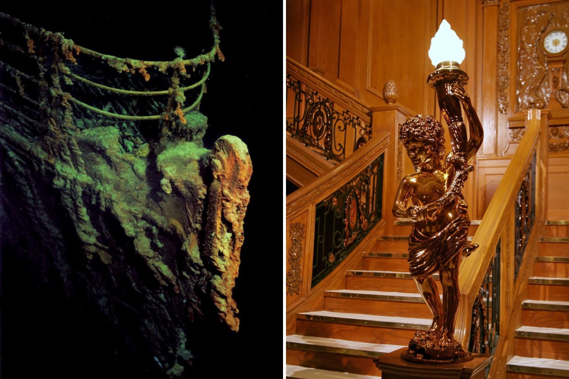 Left: The bow of the Titanic, imaged by a joint U.S. and Russian mission in 2003. Right: A replica of the bronze cherub posted on a replica of the Titanic’s grand staircase, part of R.M.S. Titanic Inc.’s exhibit in Orlando, Florida.