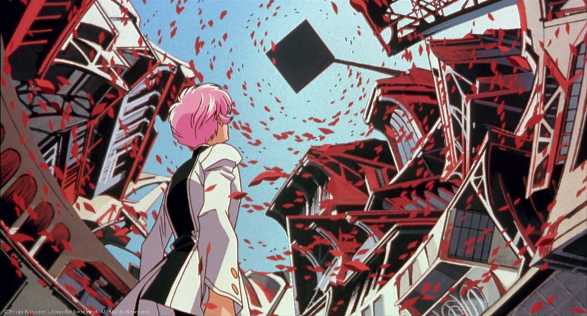 Adolescence Of Utena still of Utena looking up at a platform raining down rose petals.