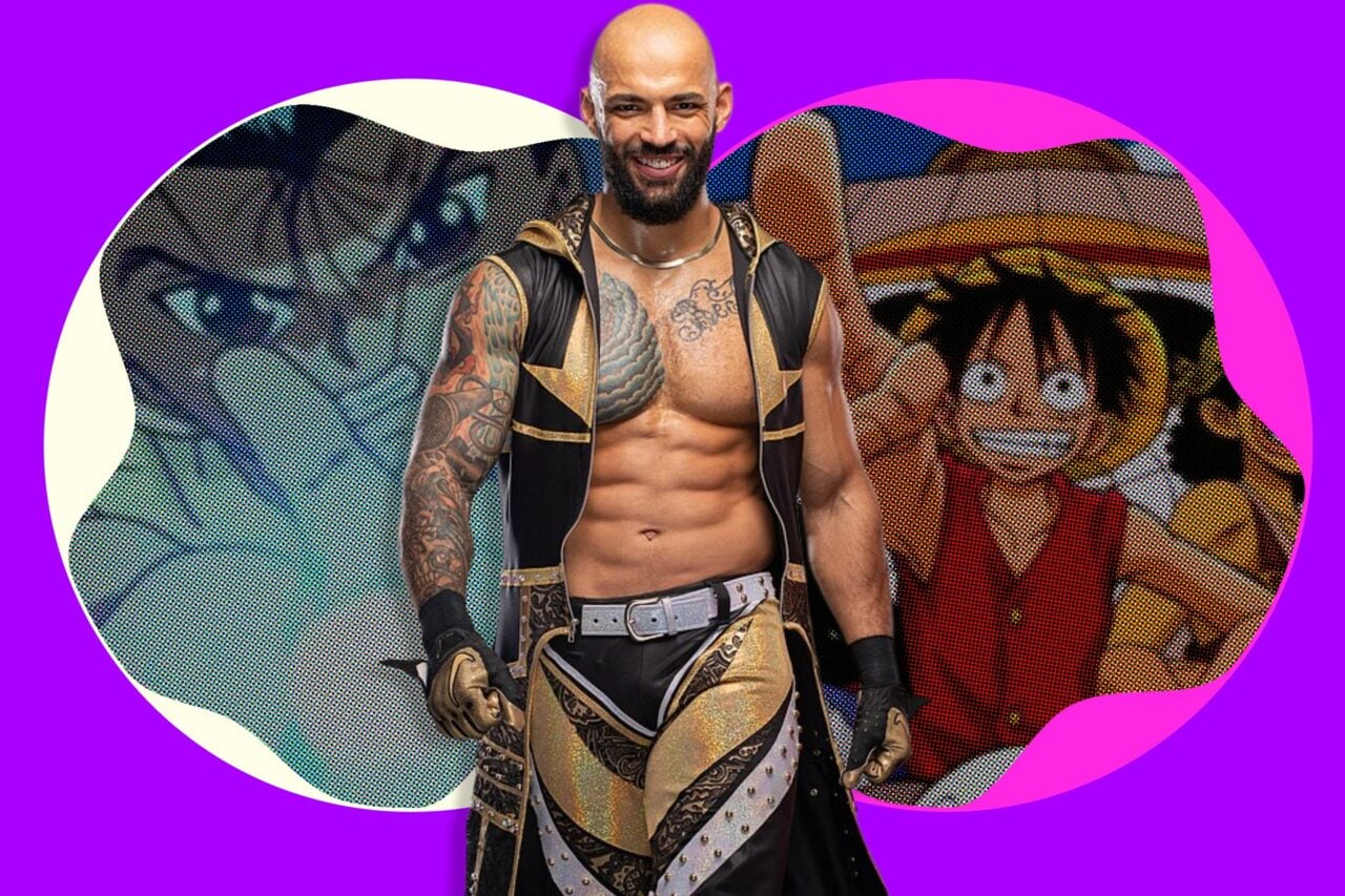 Photo of AEW wrestler Ricochet in front of posters for Yu Yu Hakusho and One Piece