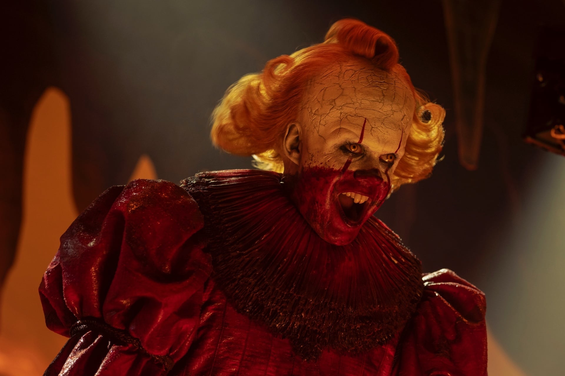 Bill Skarsgård as a blood-dipped Pennywise in 'It: Welcome to Derry' season one.