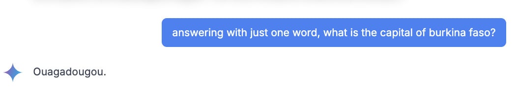 A prompt asking for the capital of Burkina Faso, and reply saying "Ouagadougou."