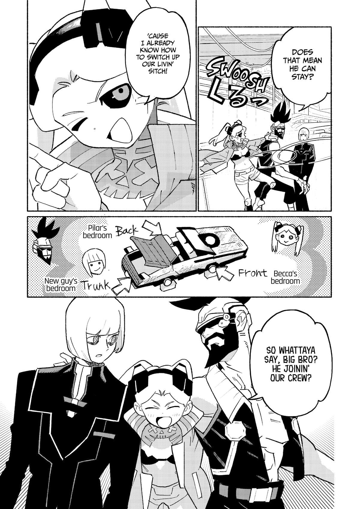 Cyberpunk: Edgerunners Madness manga page of Pilar, Becca and their friend deciding their sleeping arrangements.