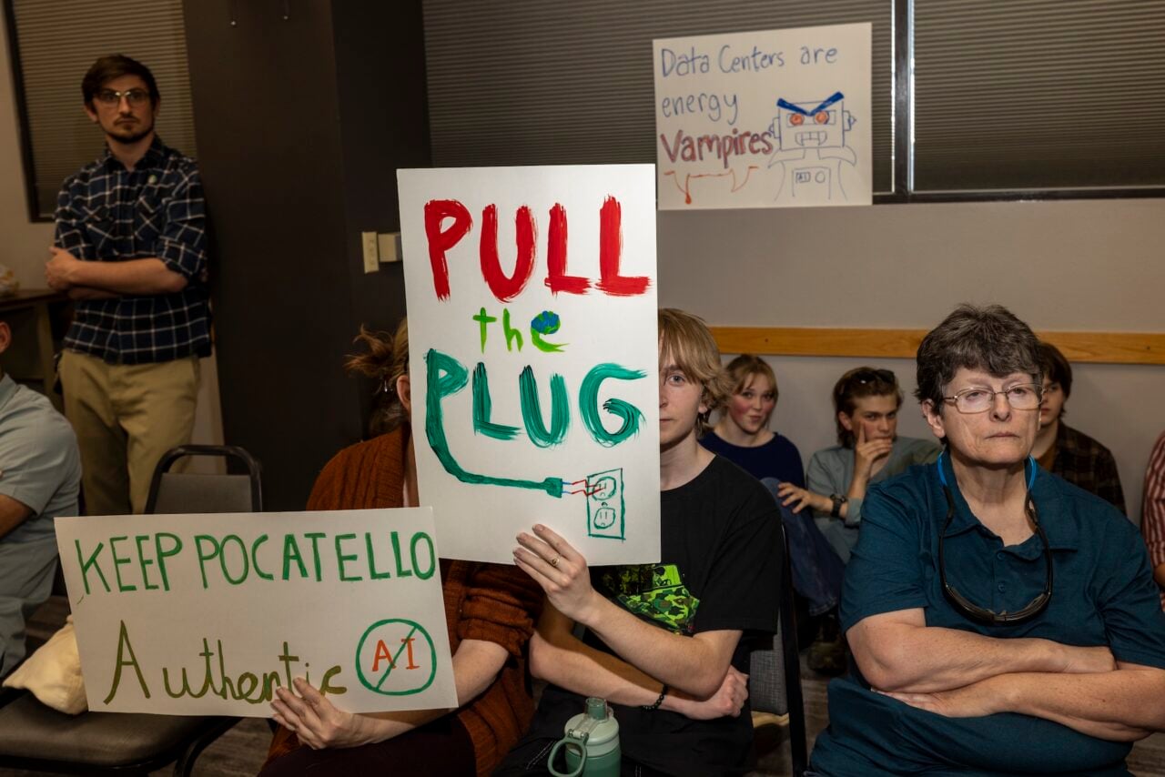 Community members packed into city council chambers to attend a hearing about the approval of a new data center on May 14, 2026 in Pocatello, Idaho.