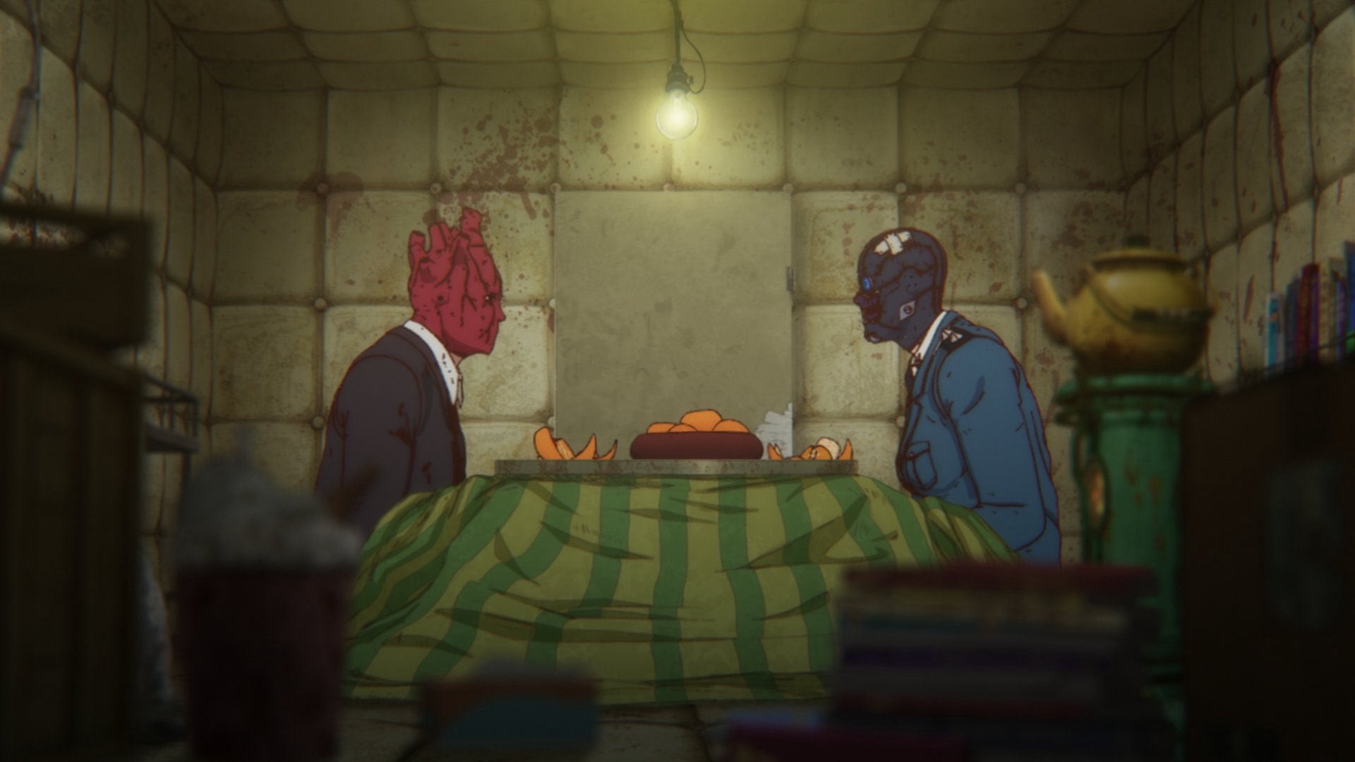 Dorohedoro still of Shin and Noi eating on a kotatsu.
